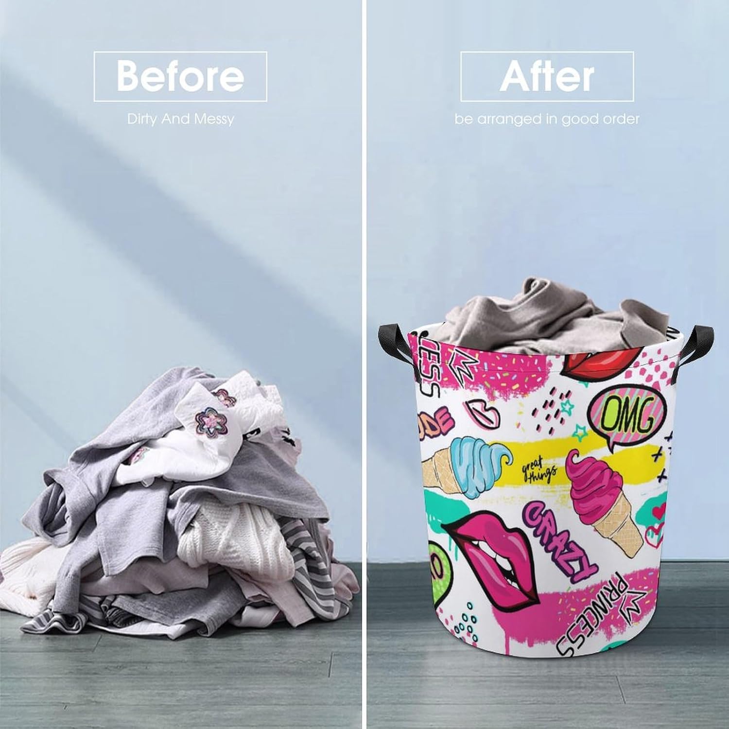 MEIKKO Cute Lips Stickers Laundry Hamper with Handles