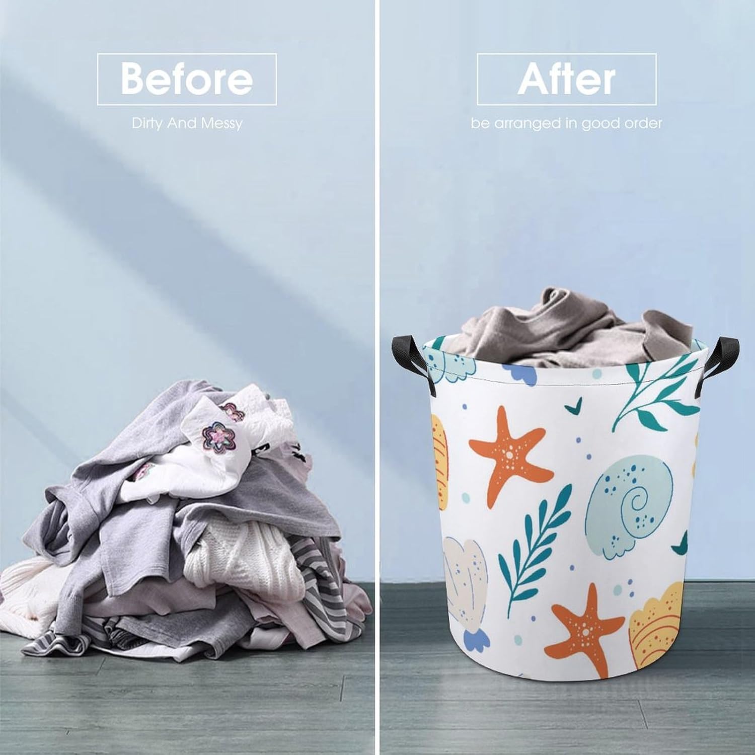 MEIKKO Sea Shells And Starfish Laundry Basket Waterproof Foldable with Handles
