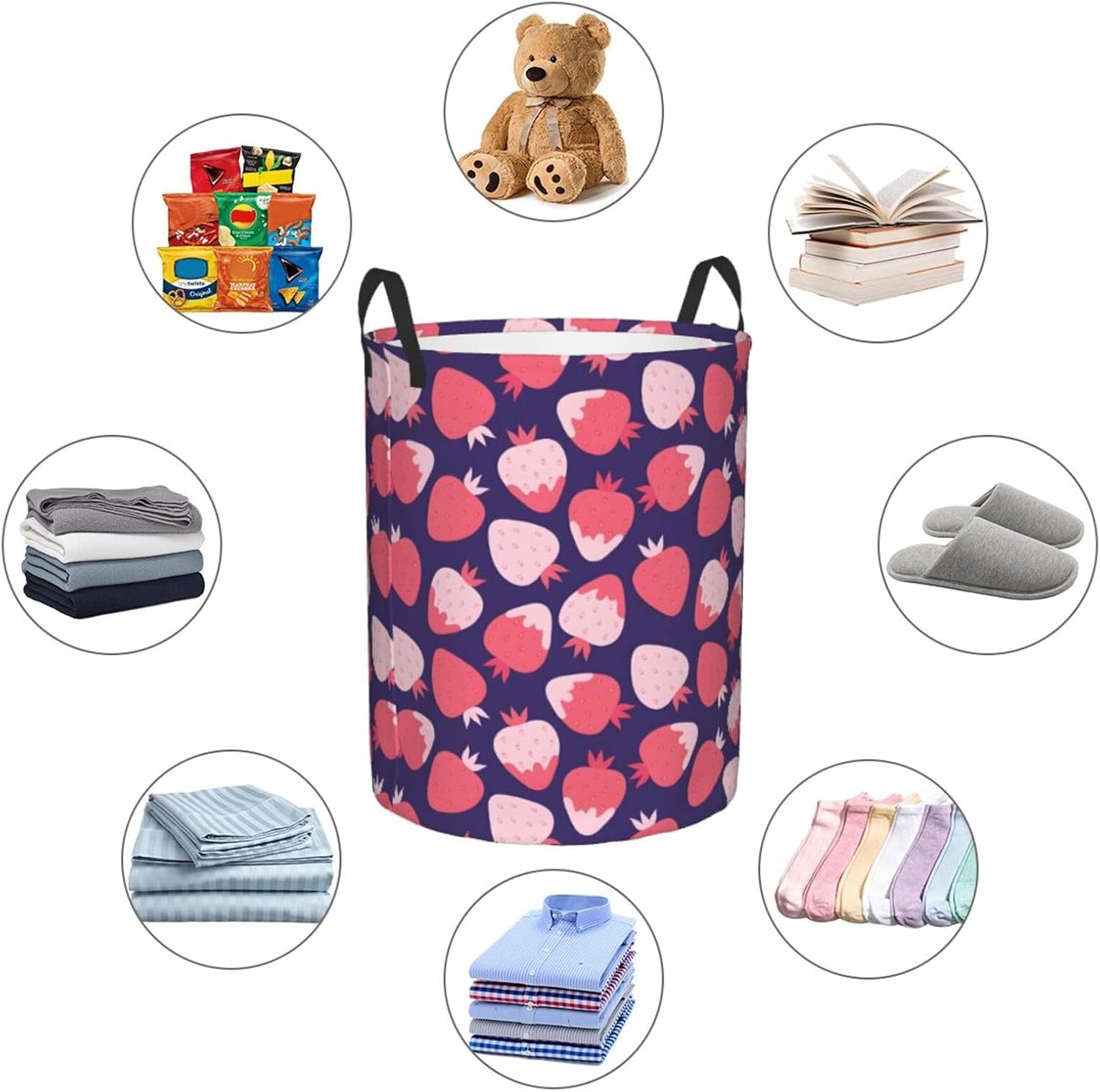 Strawberry Collapsible Laundry Basket w Handles Easy Carry Storage Organizer