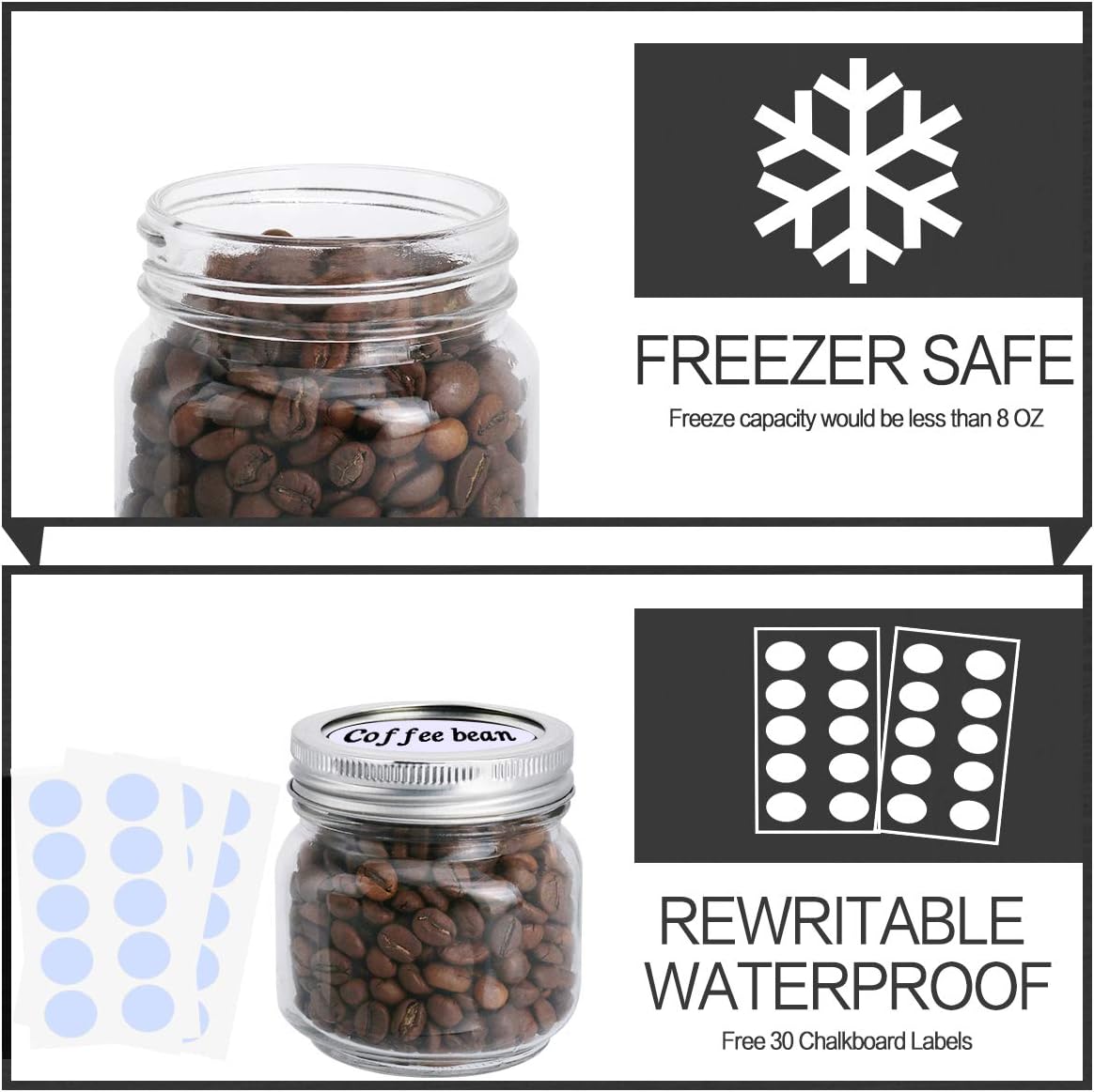 KAMOTA Mason Jars 8oz with Silver Lids 24pack