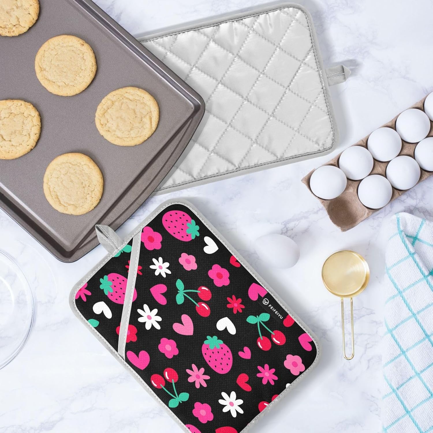 Kcldeci - Cute Strawberry Cherry Heart Potholders for Baking