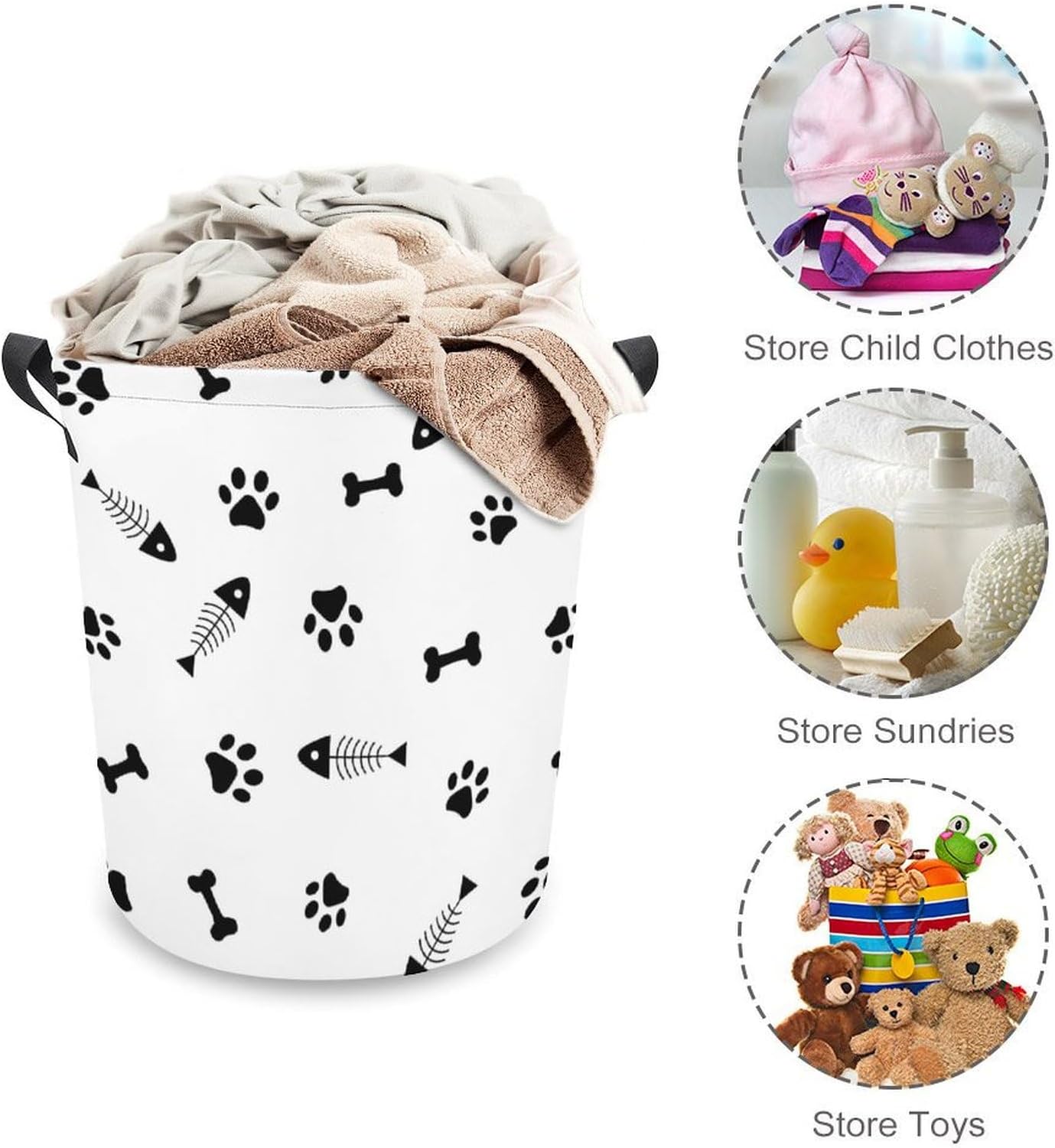 MEIKKO Animals Paws Fishbone Laundry Basket Collapsible and Waterproof