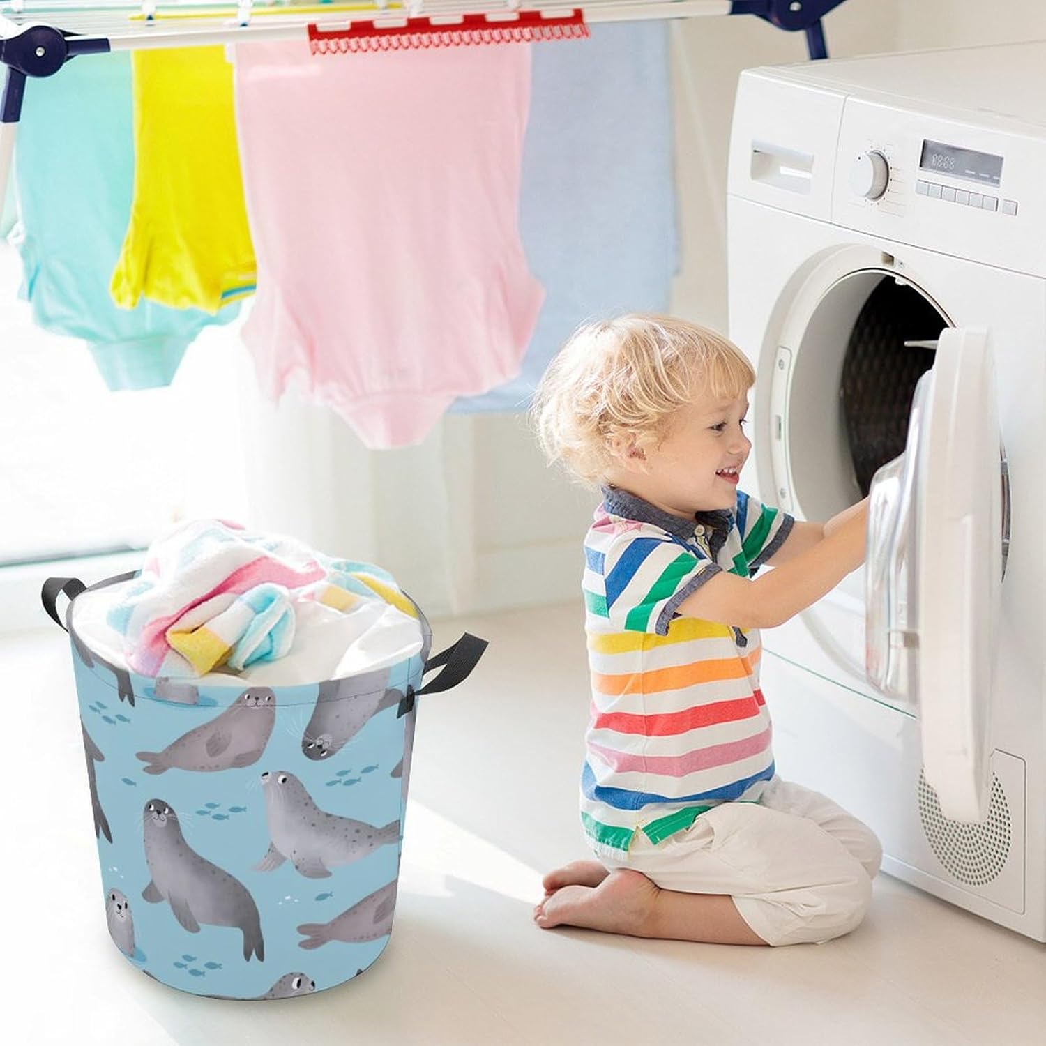 Meikko Durable Waterproof Cartoon laundry Hamper w Easy Carry Handles