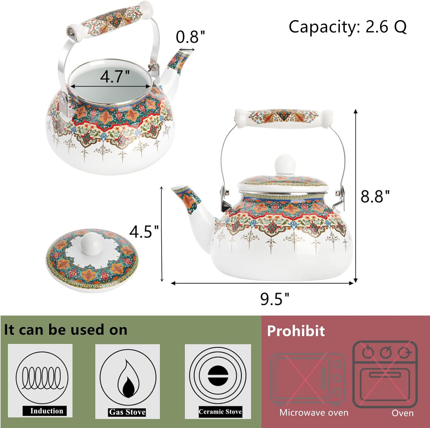 ZOOFOX 26 Quart Ceramic Tea Kettle Heat-Resistant Handle Stylish Design