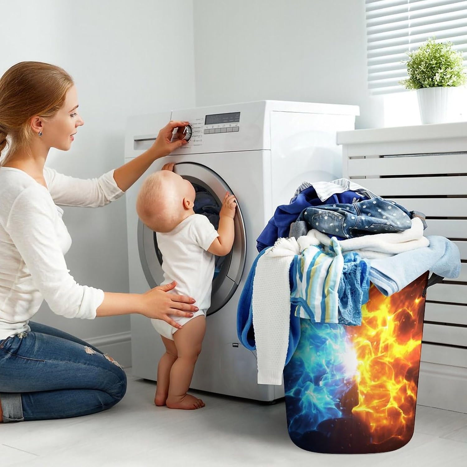 Crashing Blue and Red Flames Multi-functional Laundry Hamper - Durable and Waterproof