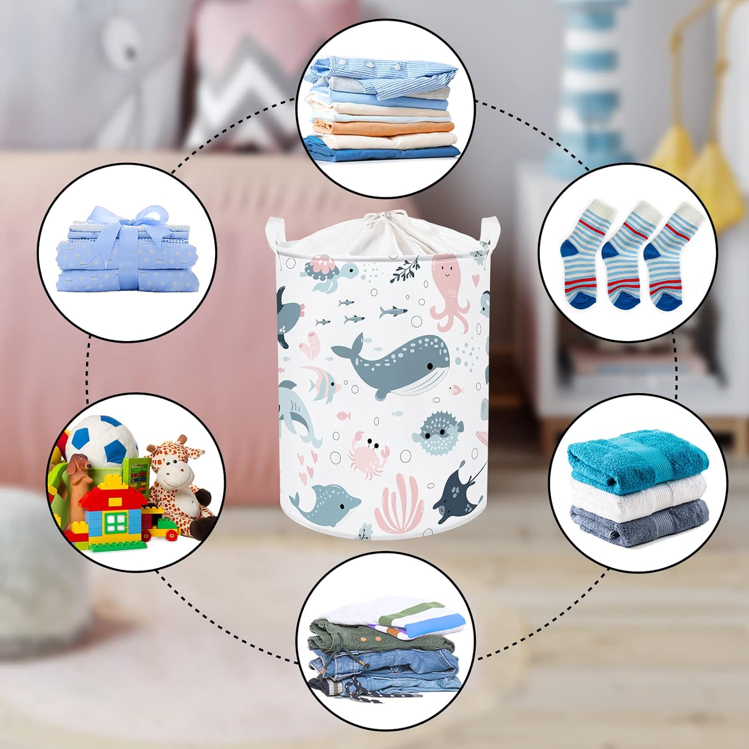 Clastyle Marine Animals Bubbles Kid Laundry Basket with Lid Foldable Pink Mermaid
