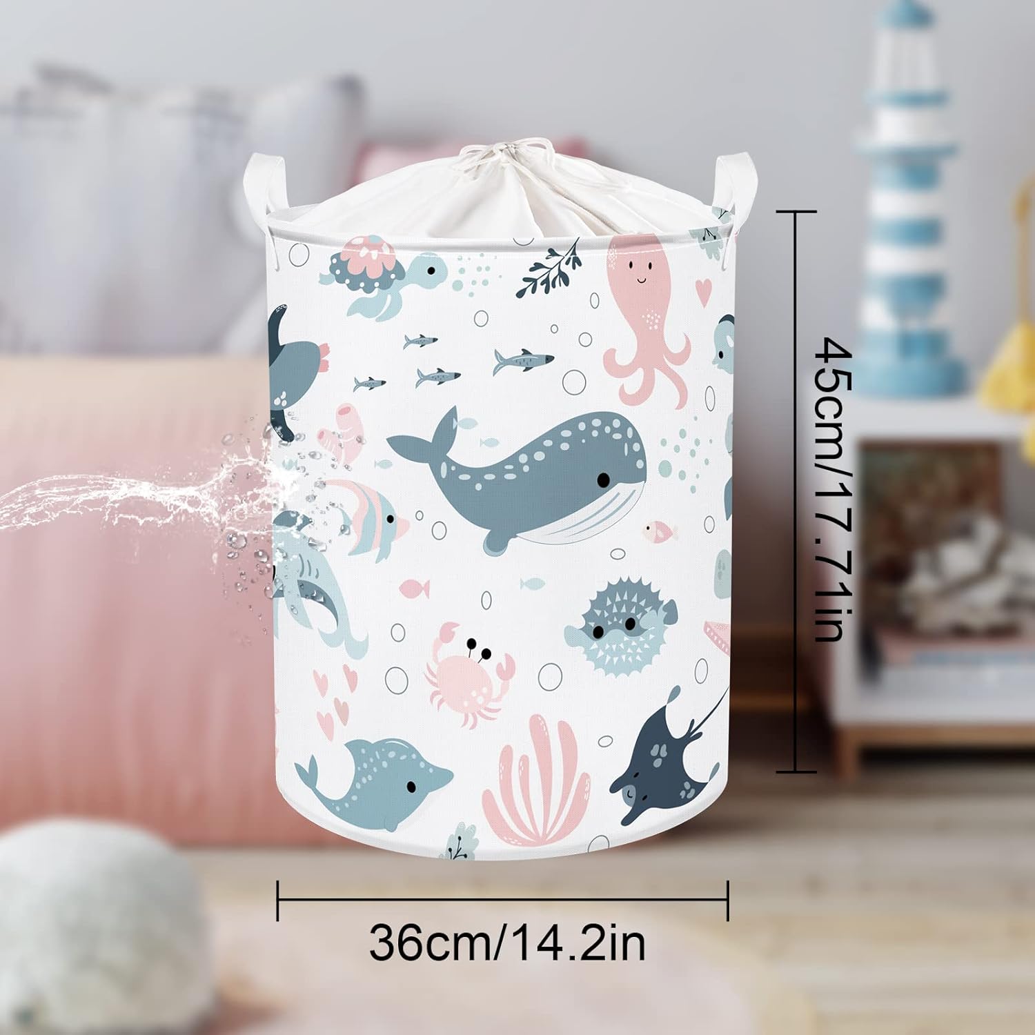 Clastyle Marine Animals Bubbles Kid Laundry Basket with Lid Foldable Pink Mermaid