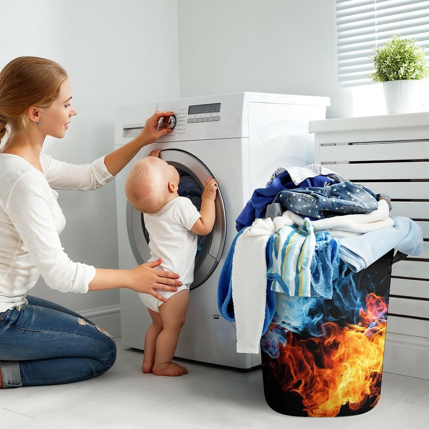 MEIKKO Red Blue Fire Multi-Purpose Laundry Hamper Toy Organizer Collapsible Waterfront Basket