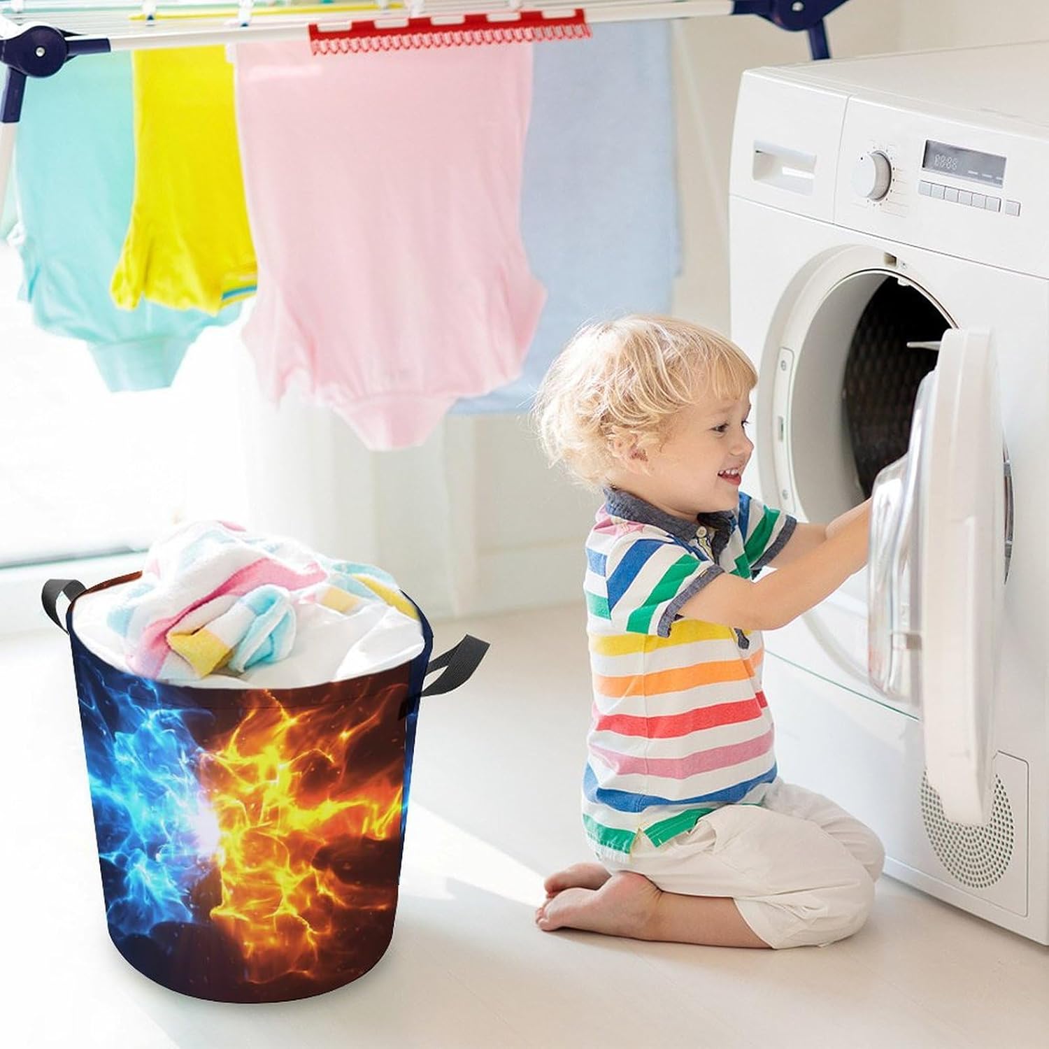 Crashing Blue and Red Flames Multi-functional Laundry Hamper - Durable and Waterproof