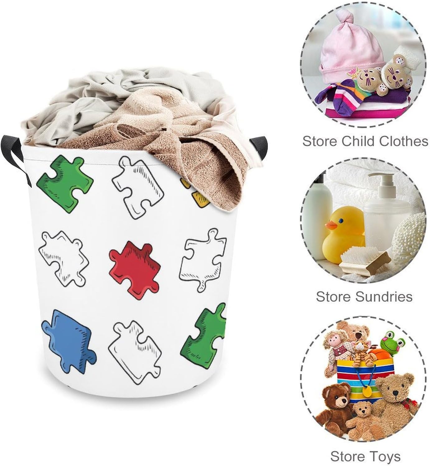 Bright Jigsaw Puzzle Pieces Laundry Hamper Waterproof Clothes Basket with Easy Carry Handles