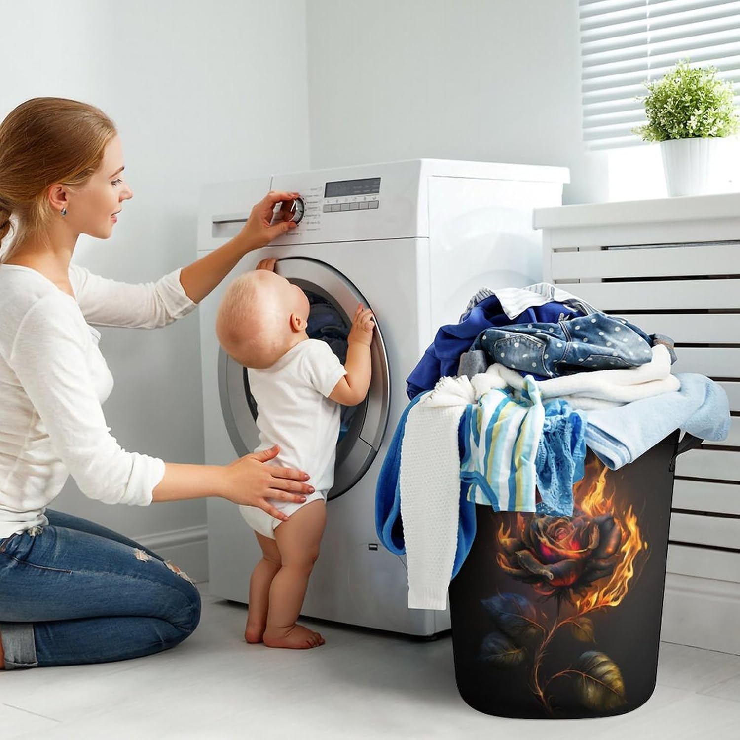 3D Rose Fire Laundry Basket for Dorms and Bedrooms