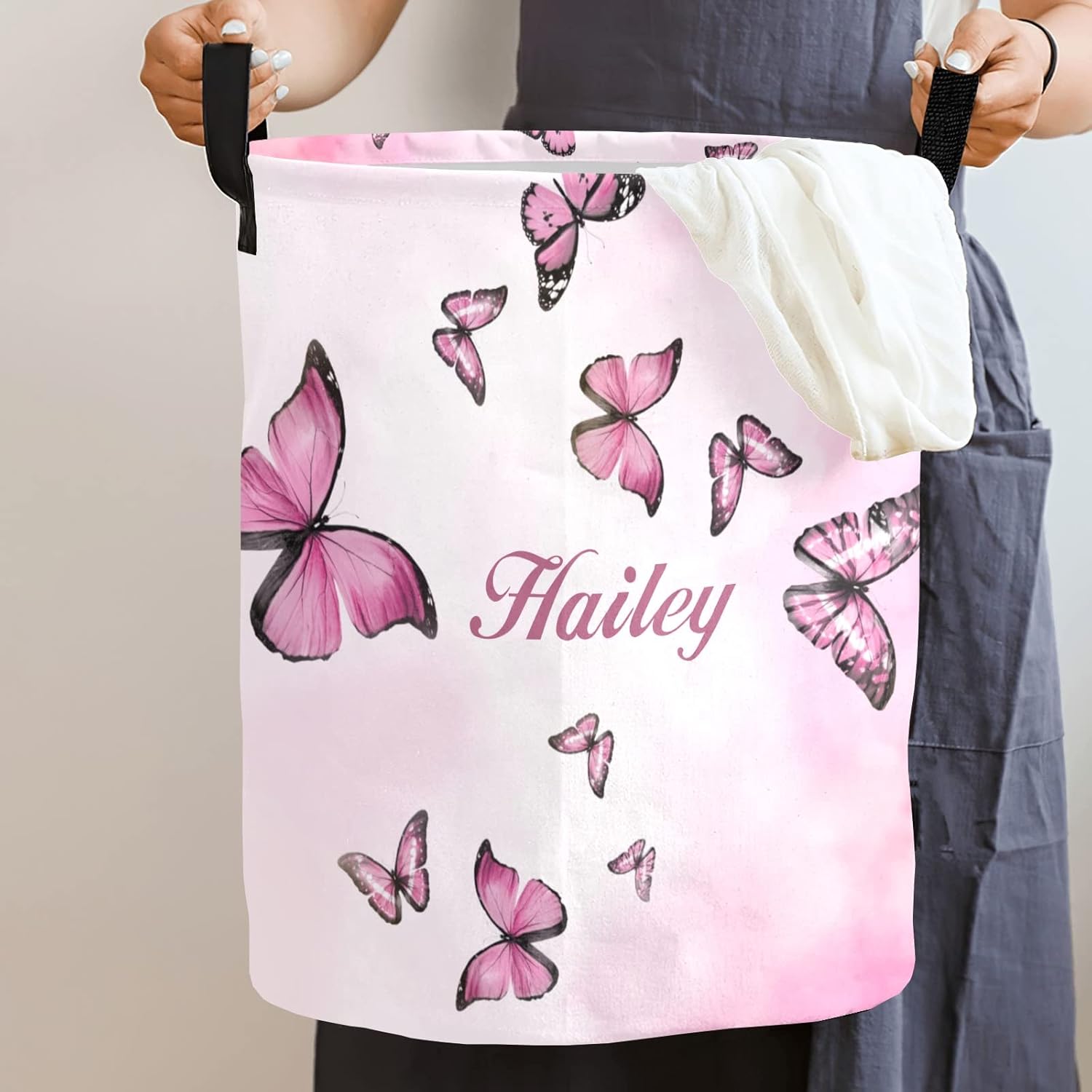 Pink Butterflies Personalized Waterproof Foldable Laundry Basket Bag with Handle