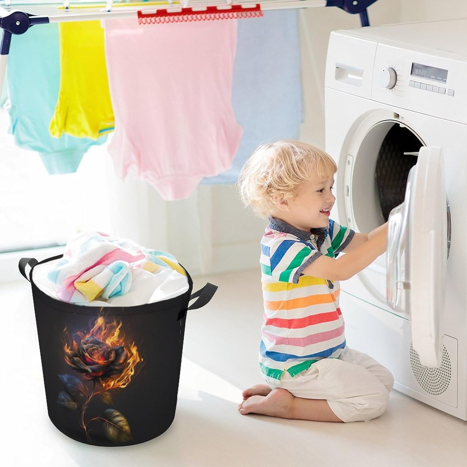 3D Rose Fire Laundry Basket for Dorms and Bedrooms