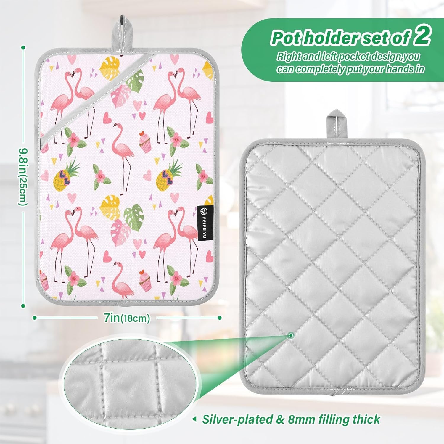 Kcldeci Cute Flamingo Heat-Resistant Potholders Pair