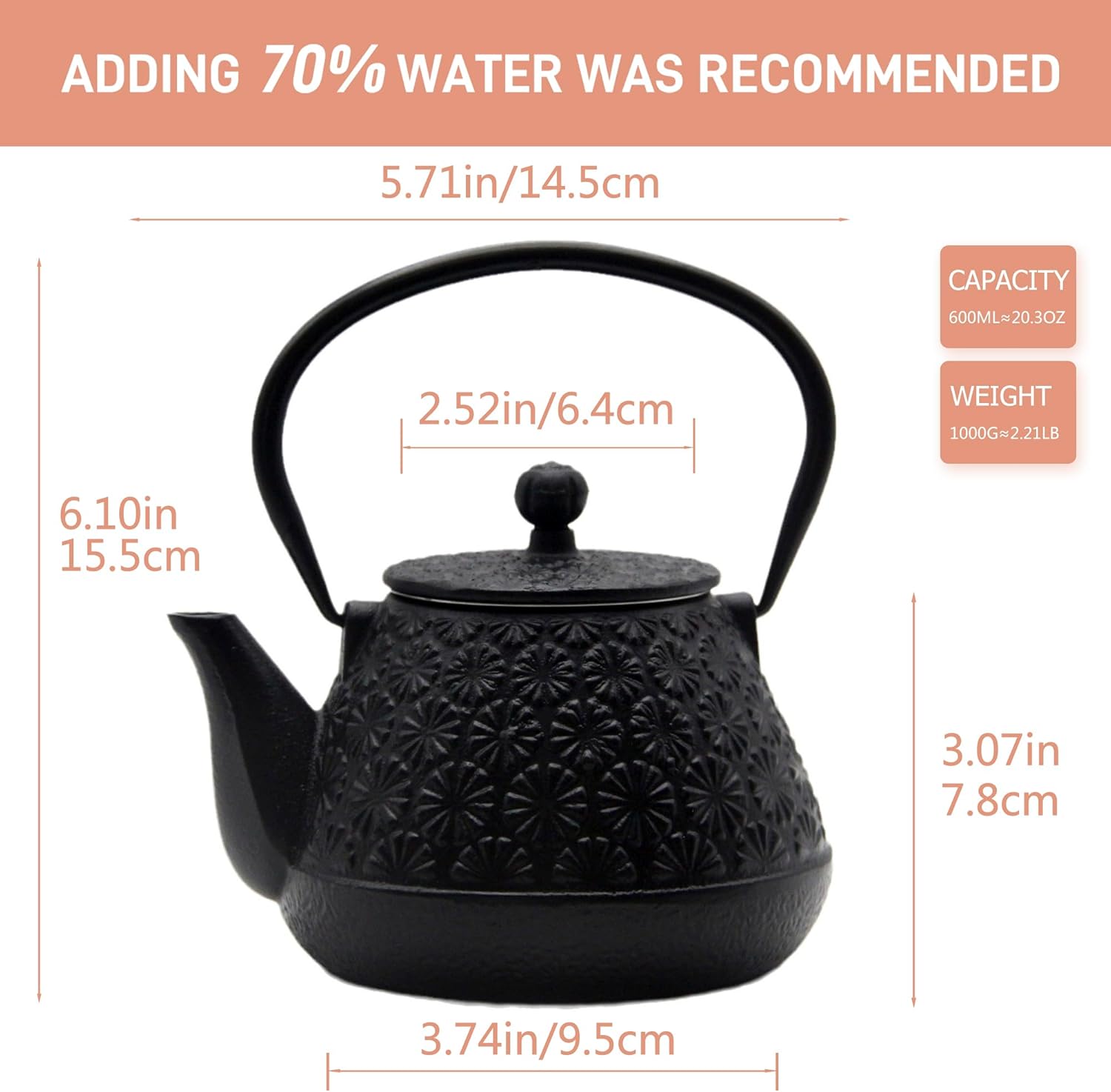 203oz Small Cast Iron Tea Kettle Sechudo Black Gerbera Pattern
