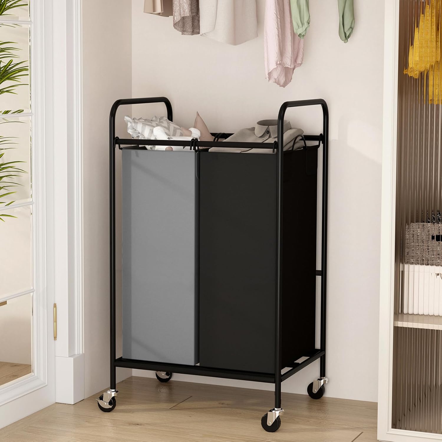 Sturdy 2-Bag Laundry Hamper with Lockable Wheels