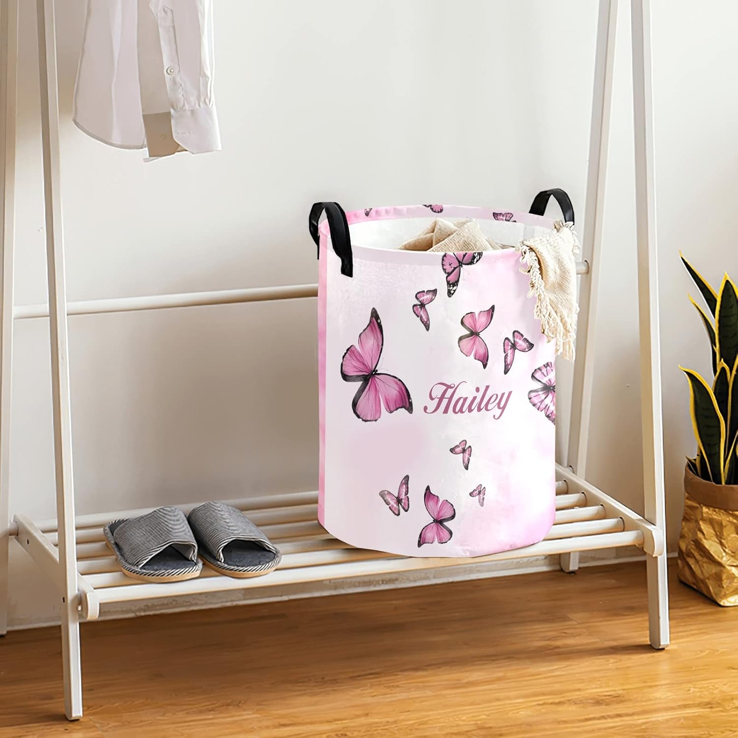 Pink Butterflies Personalized Waterproof Foldable Laundry Basket Bag with Handle