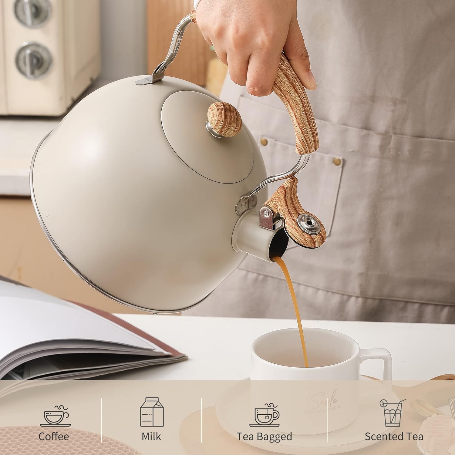 Lonffery Whistling Tea Kettle Creamy White
