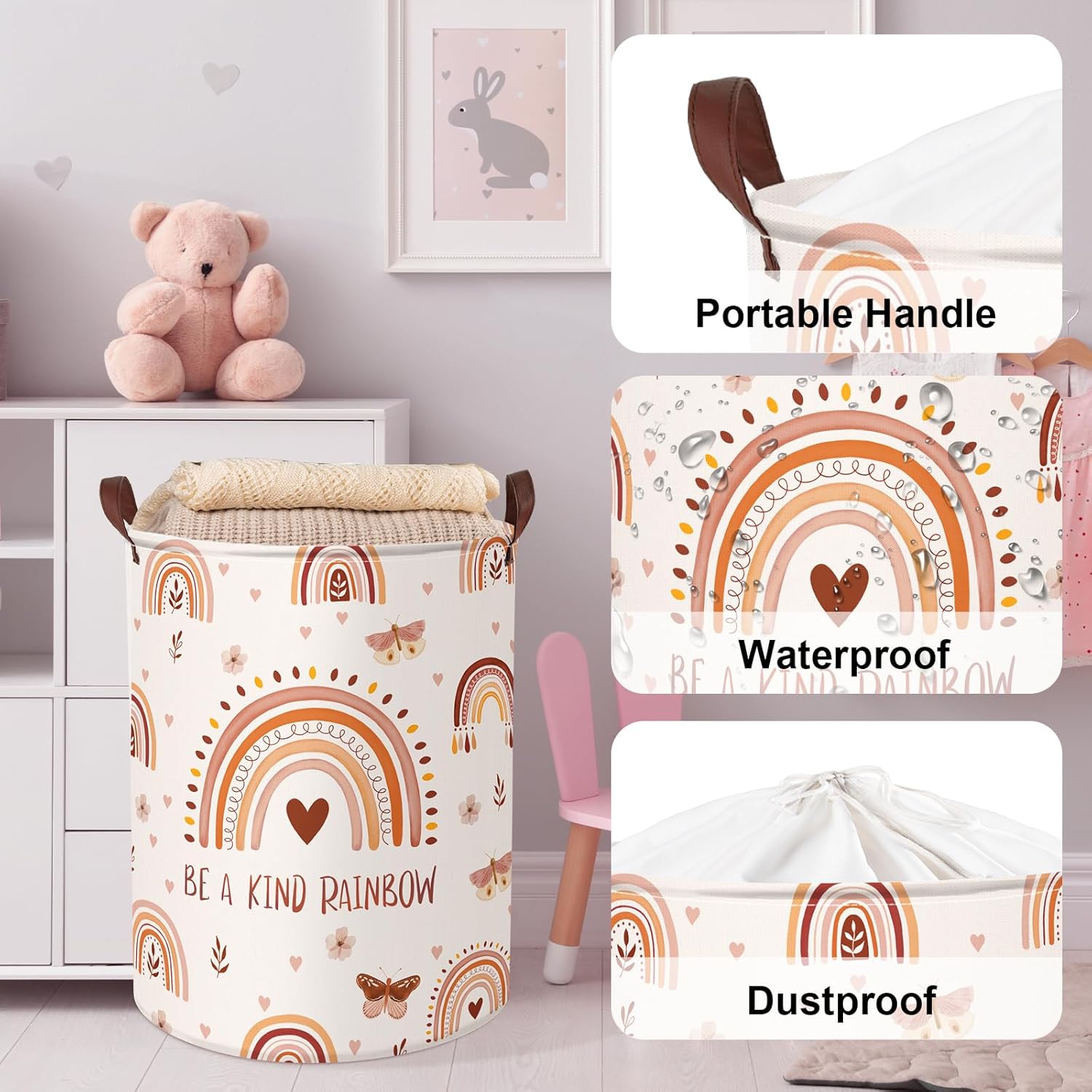 Clastyle 45L Boho Rainbow Washable Hamper with Handle Pink