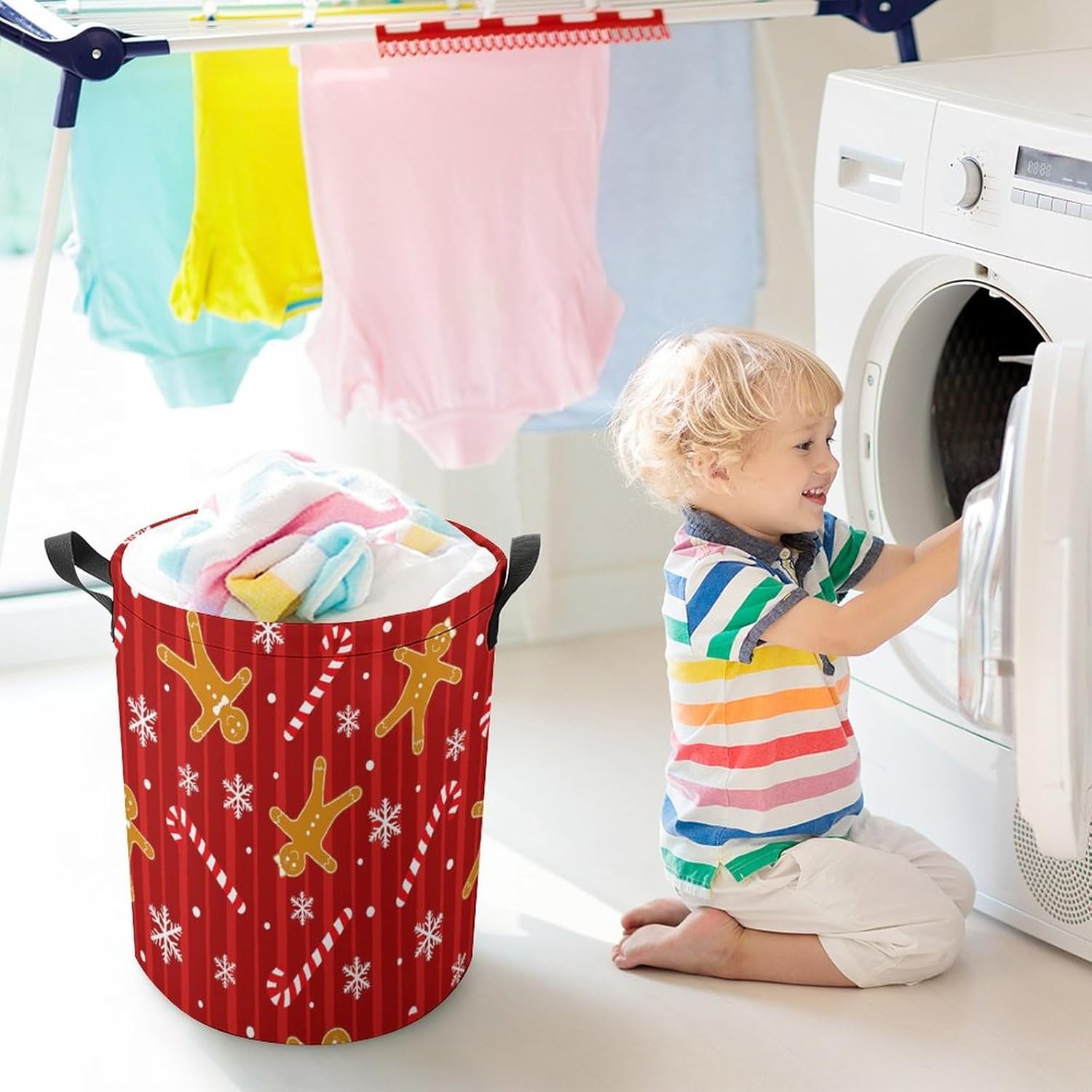 Laundry Basket Christmas Red Waterproof Foldable Storage Hamper with Handles Drawstring