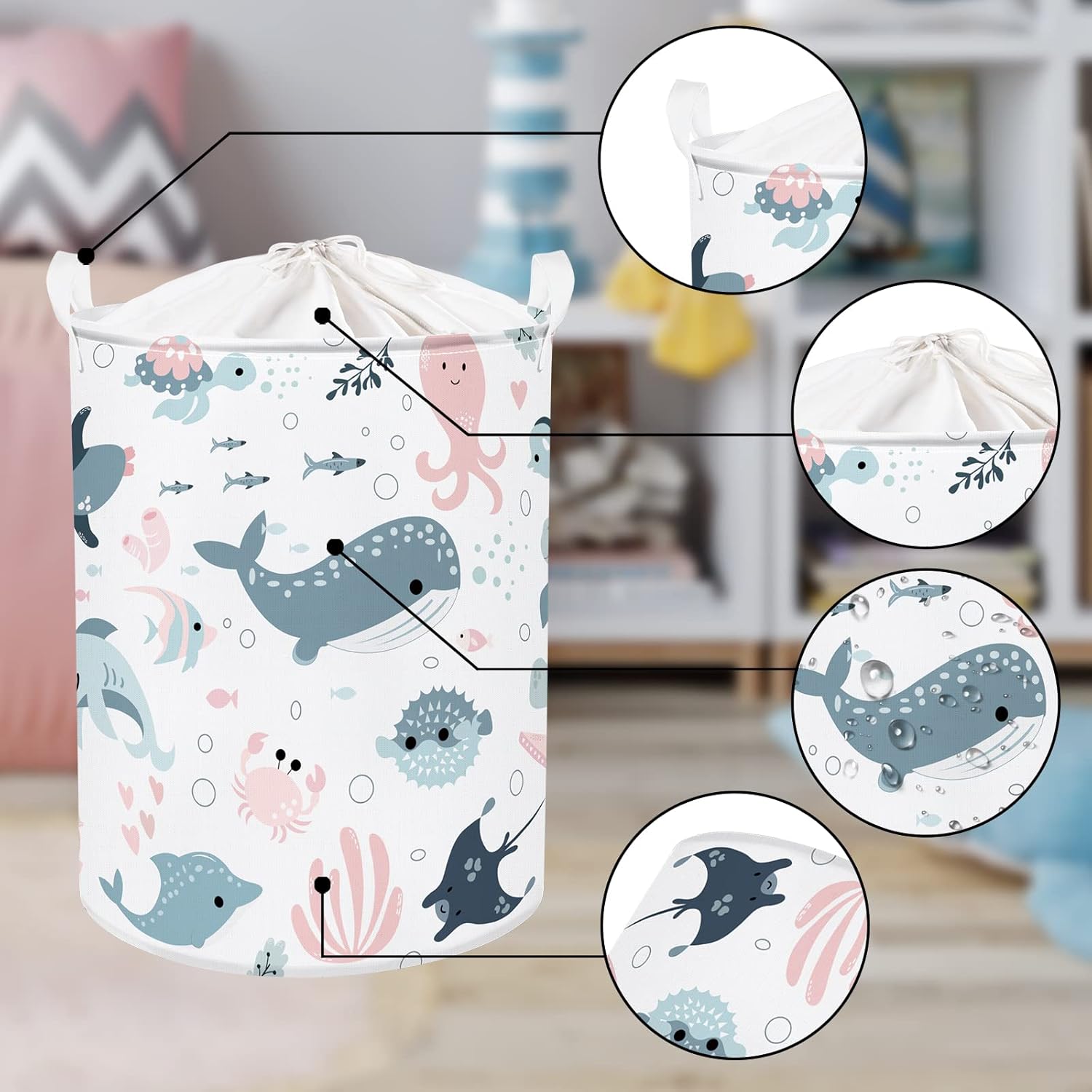 Clastyle Marine Animals Bubbles Kid Laundry Basket with Lid Foldable Pink Mermaid