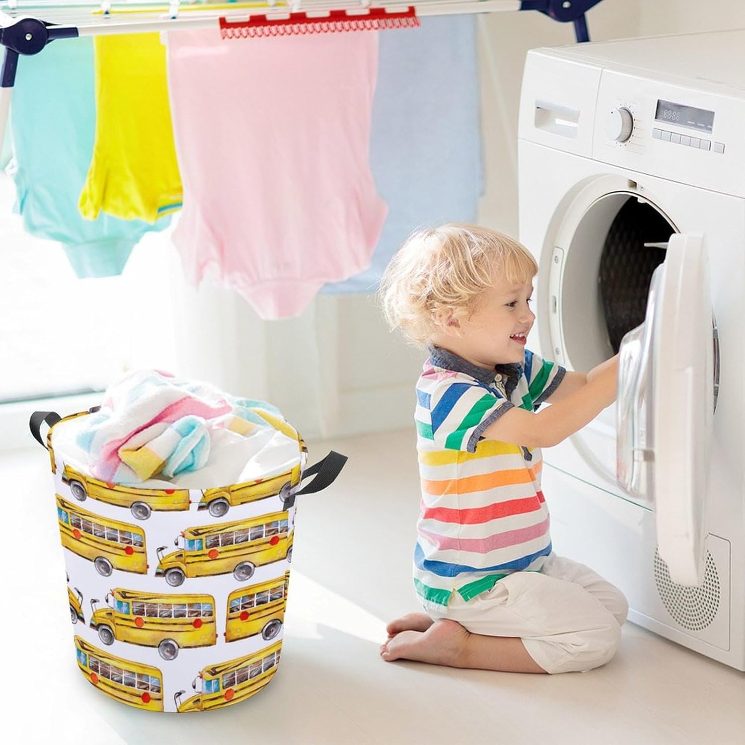 MEIKKO Cute Yellow Bus Laundry Hamper Waterproof Clothes Basket