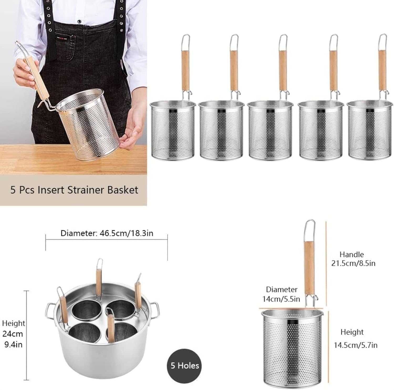 UNbit 5 Hole Pasta Cooker Pot With Strainer Basket