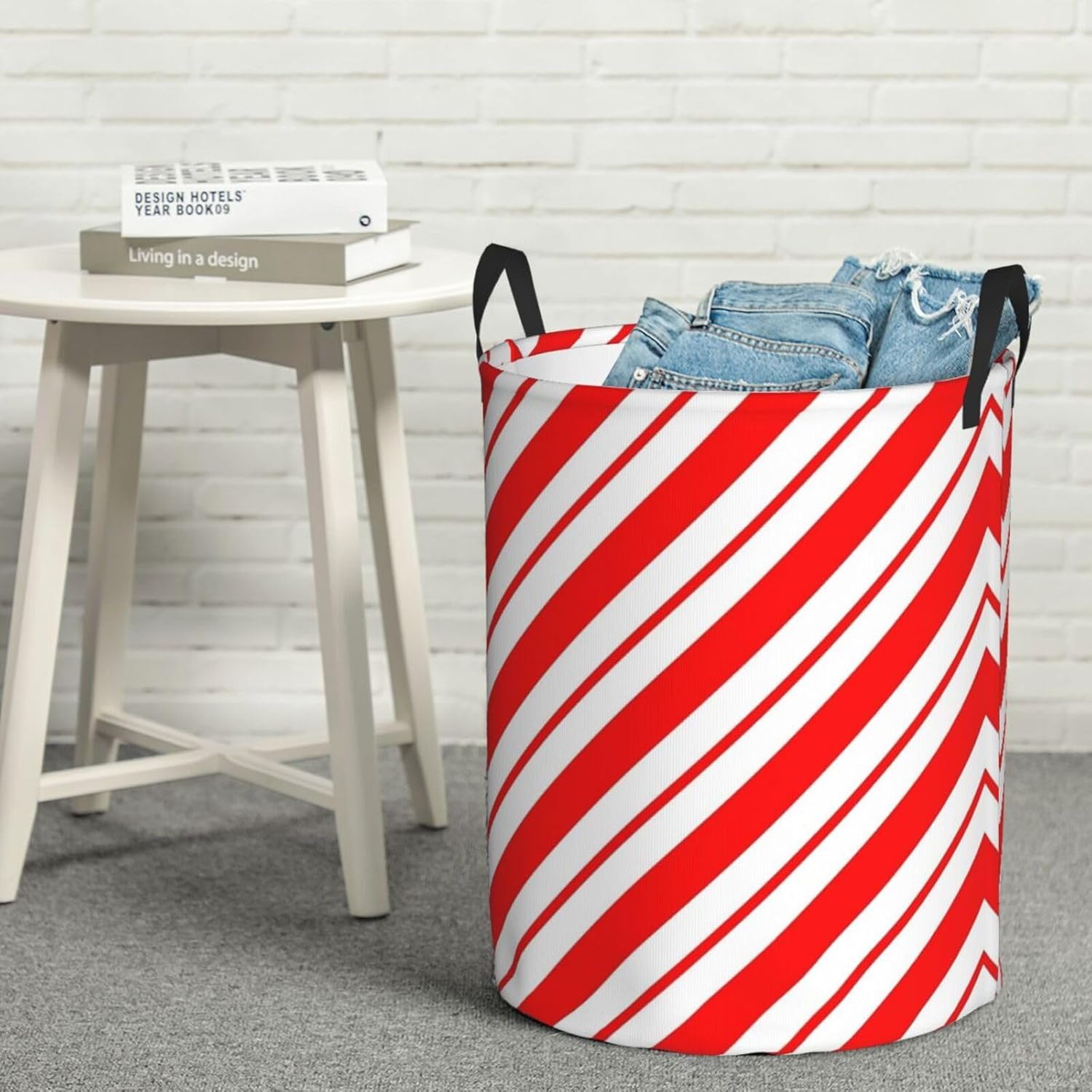 SHANGYINGJI Peppermint Stripes Linen Laundry Hamper