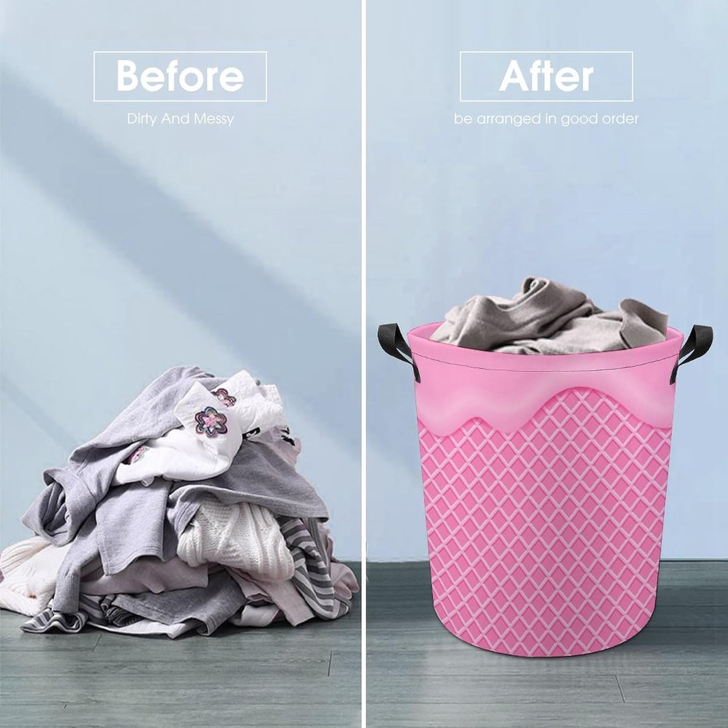 Pink Flowing Ice Cream Washable Laundry Hamper with Handles for Easy Access