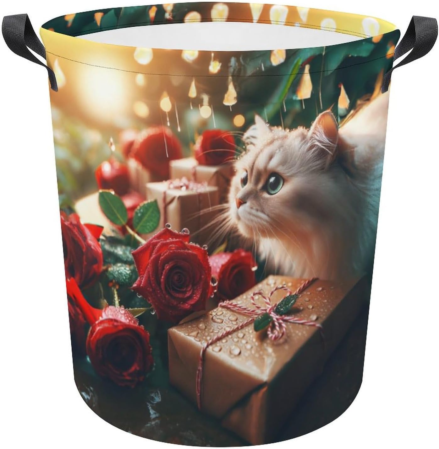 Waterproof and Cute Rose Raindrops Kittens Laundry Hamper with Easy Carry Handles