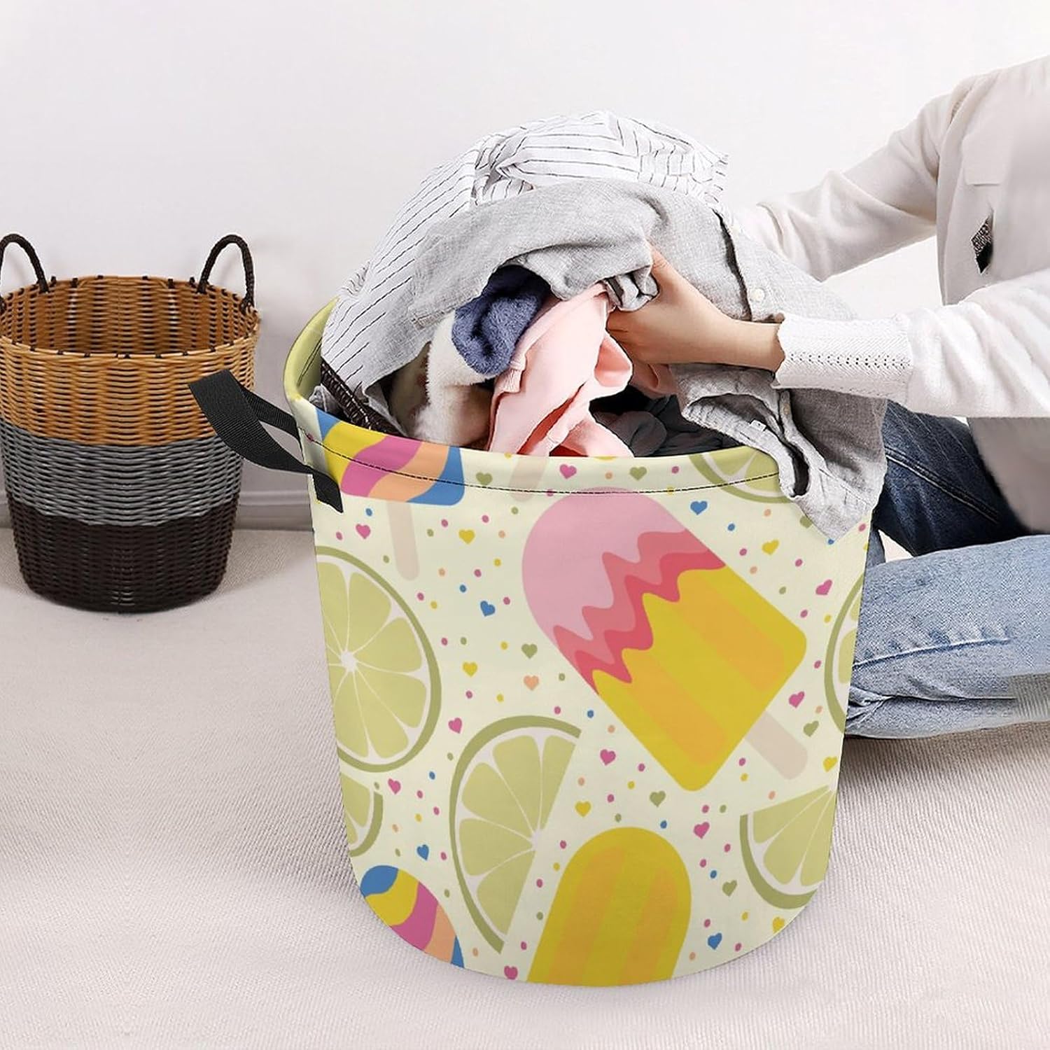 Lemon Ice Cream Laundry Hamper Summer Popsicles Basket Organizer