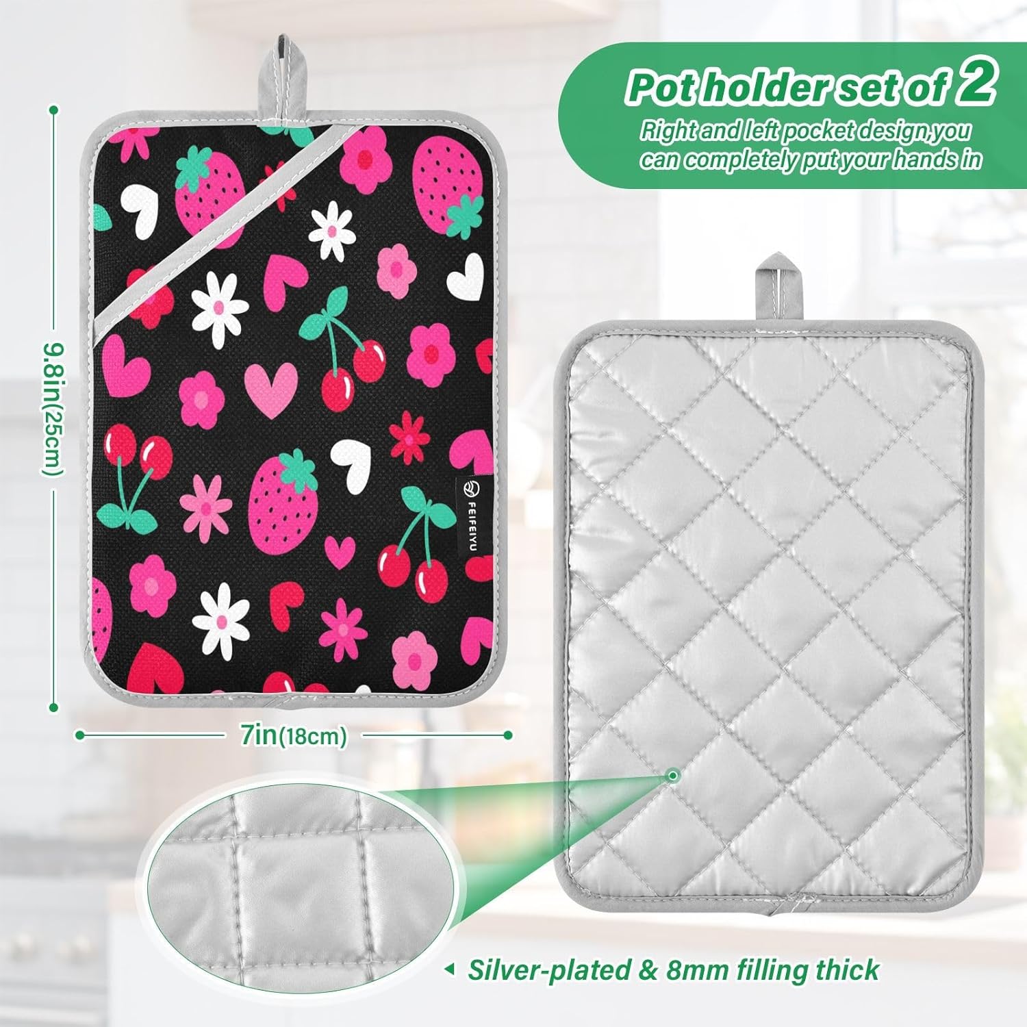 Kcldeci - Cute Strawberry Cherry Heart Potholders for Baking