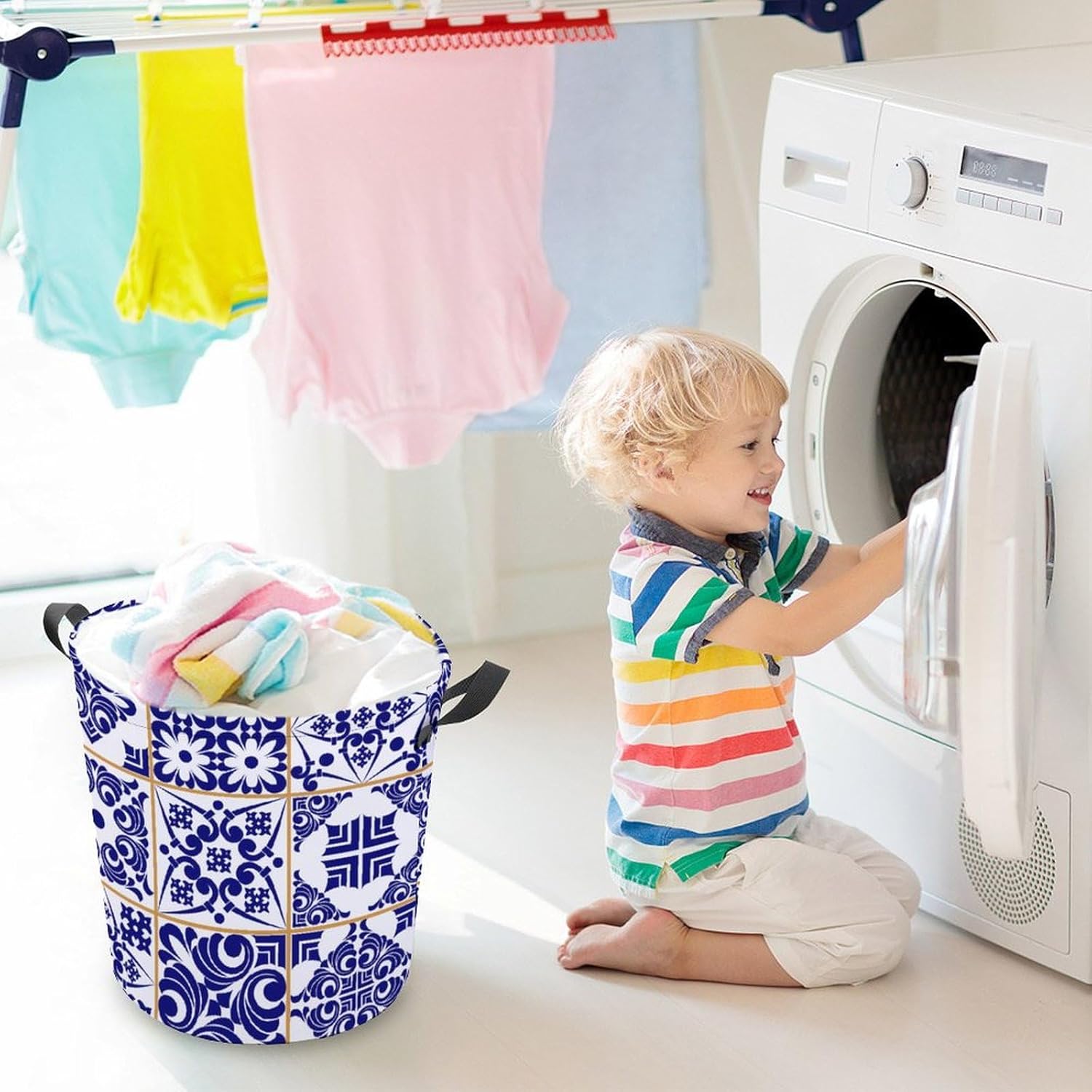 Blue Patchwork Tile Laundry Basket