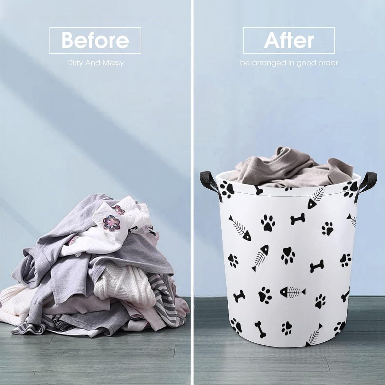 MEIKKO Animals Paws Fishbone Laundry Basket Collapsible and Waterproof