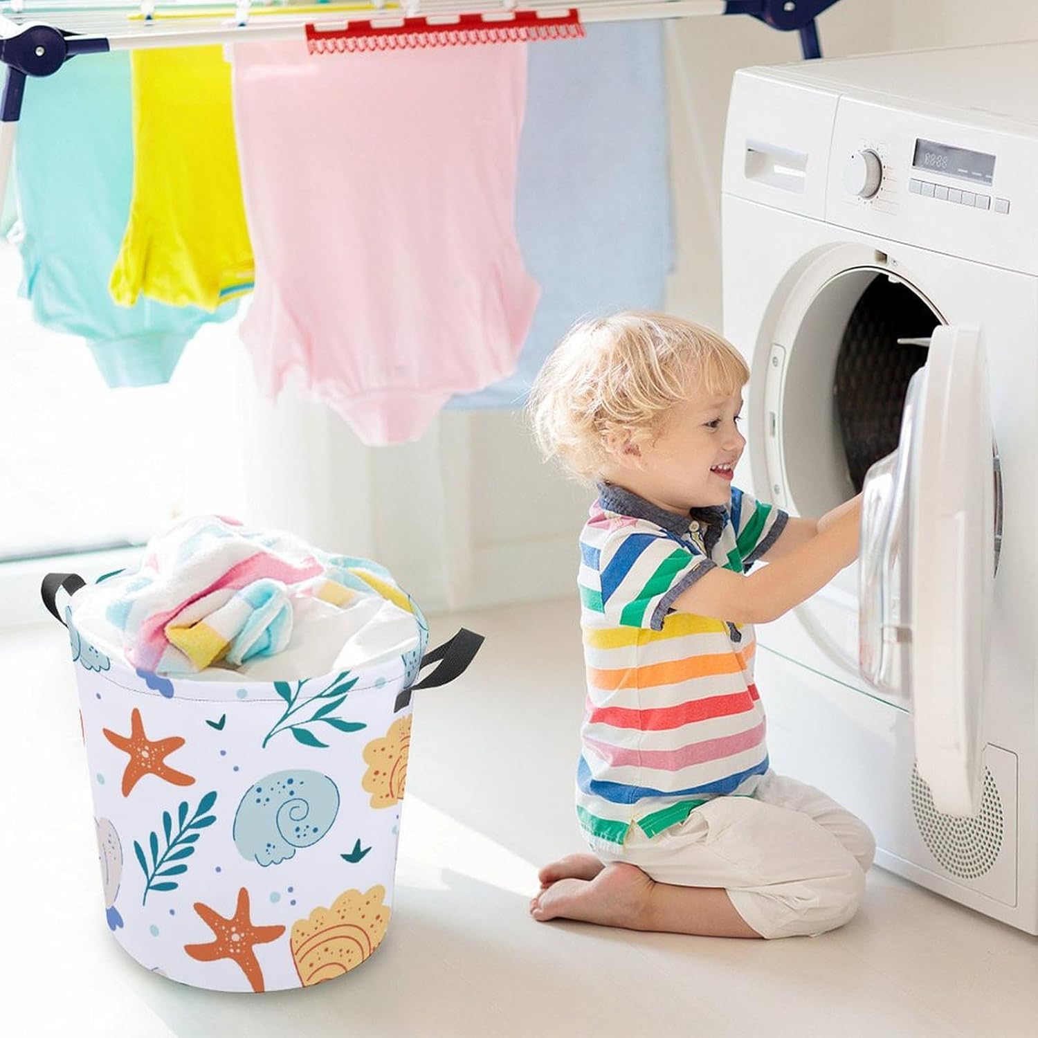 MEIKKO Sea Shells And Starfish Laundry Basket Waterproof Foldable with Handles