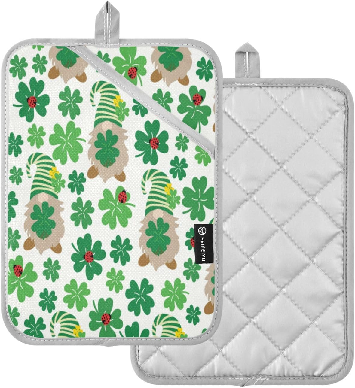 Lucky Green Clover Leaves with Gnomes Heat-Resistant Durable Oven Mitts