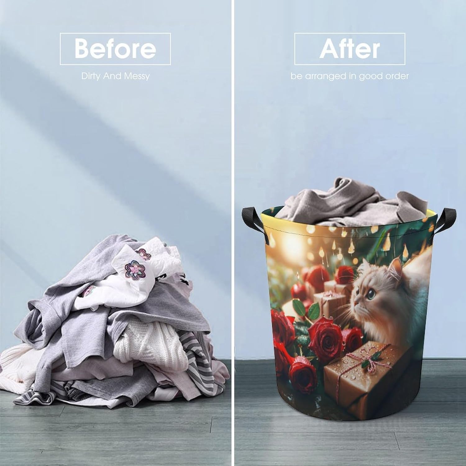 Waterproof and Cute Rose Raindrops Kittens Laundry Hamper with Easy Carry Handles