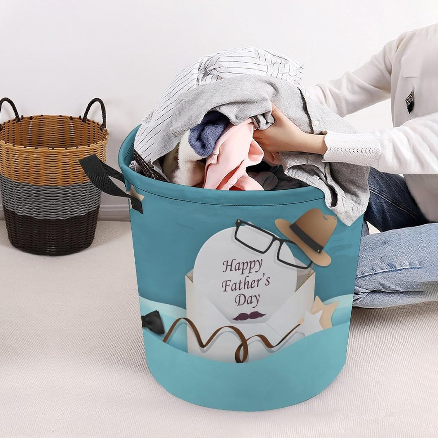Happy Fathers Day Laundry Hamper with Funny Sunglasses Waterproof and Collapsible