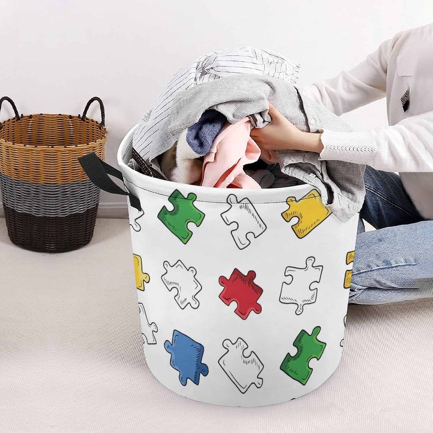 Bright Jigsaw Puzzle Pieces Laundry Hamper Waterproof Clothes Basket with Easy Carry Handles