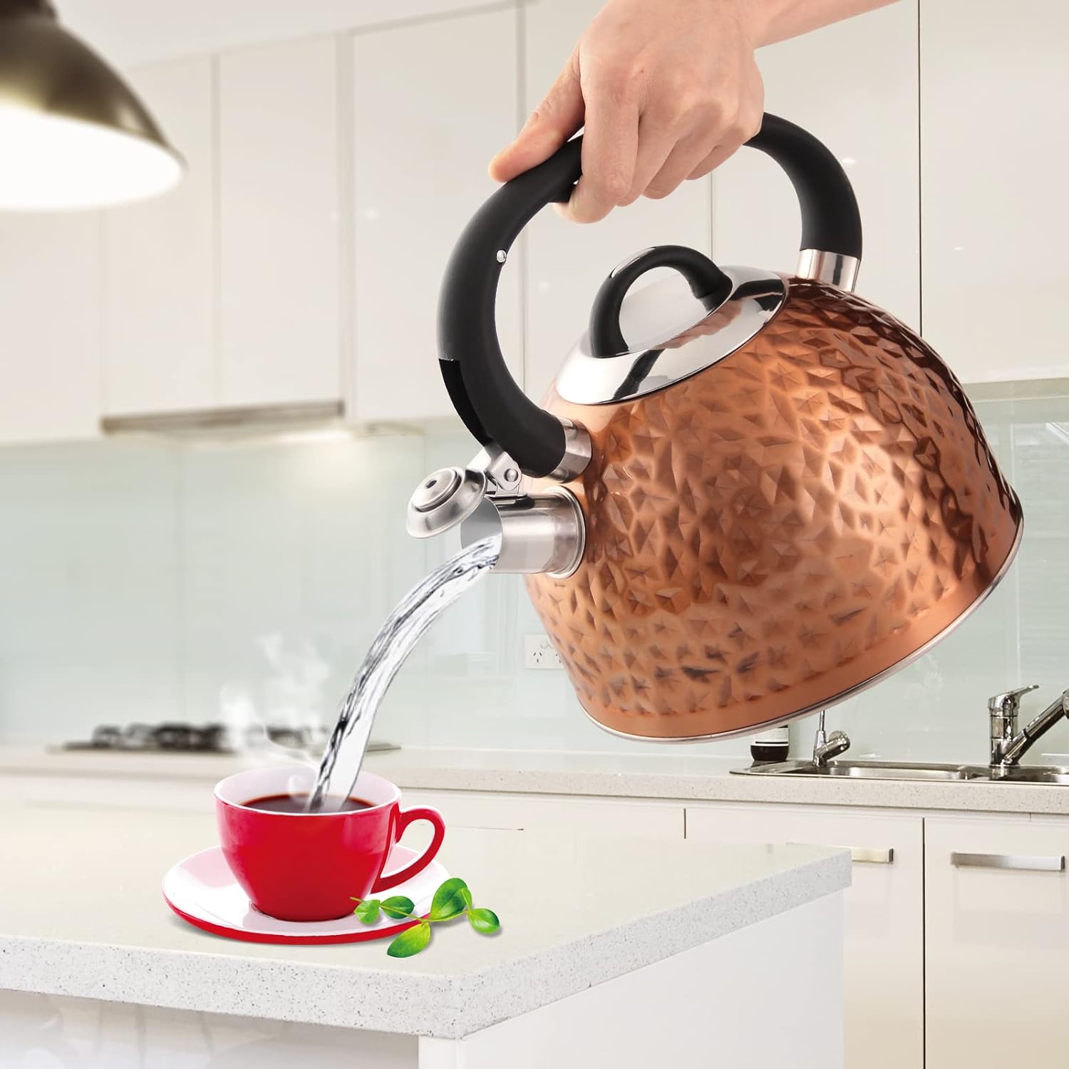 Sturdy Copper Tea Kettle with Unique Buttons and Whistle