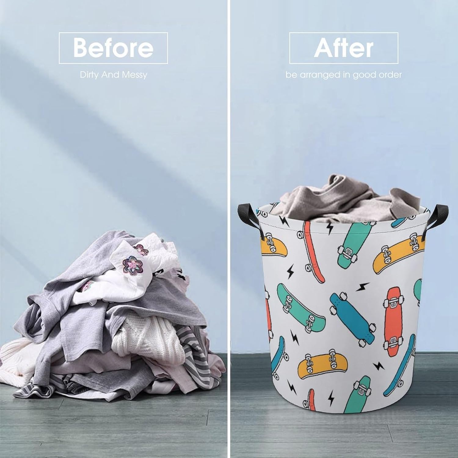 MEIKKO Hand Drawn Skateboarding Laundry Hamper Waterproof Clothes Basket with Easy Carry Handles