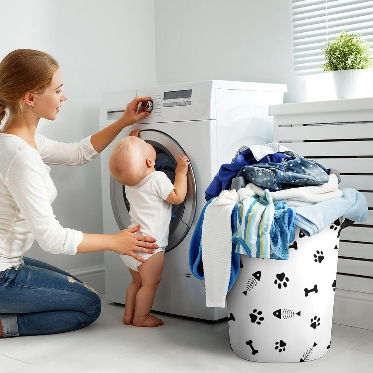 MEIKKO Animals Paws Fishbone Laundry Basket Collapsible and Waterproof