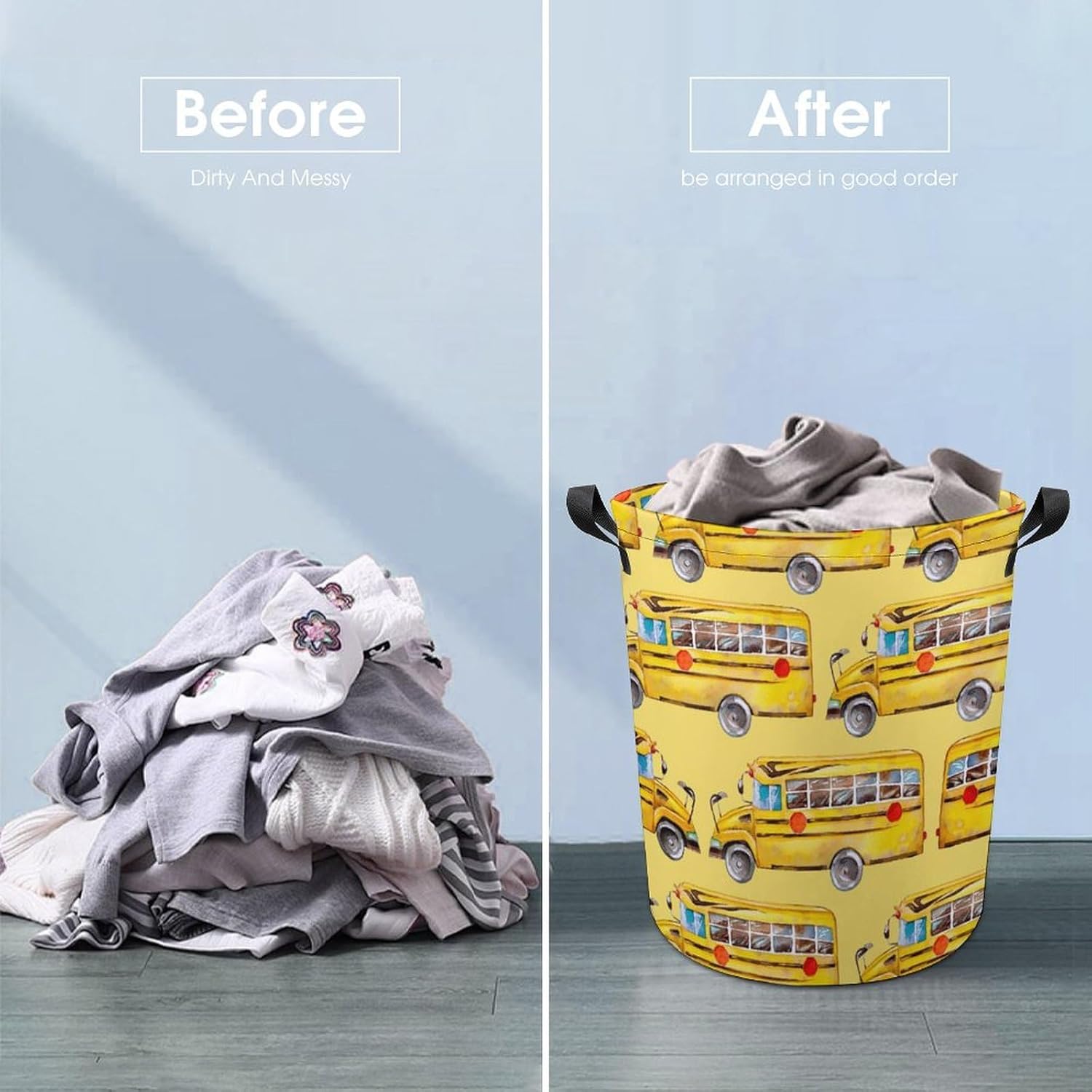 Cartoon Yellow Bus Laundry Basket