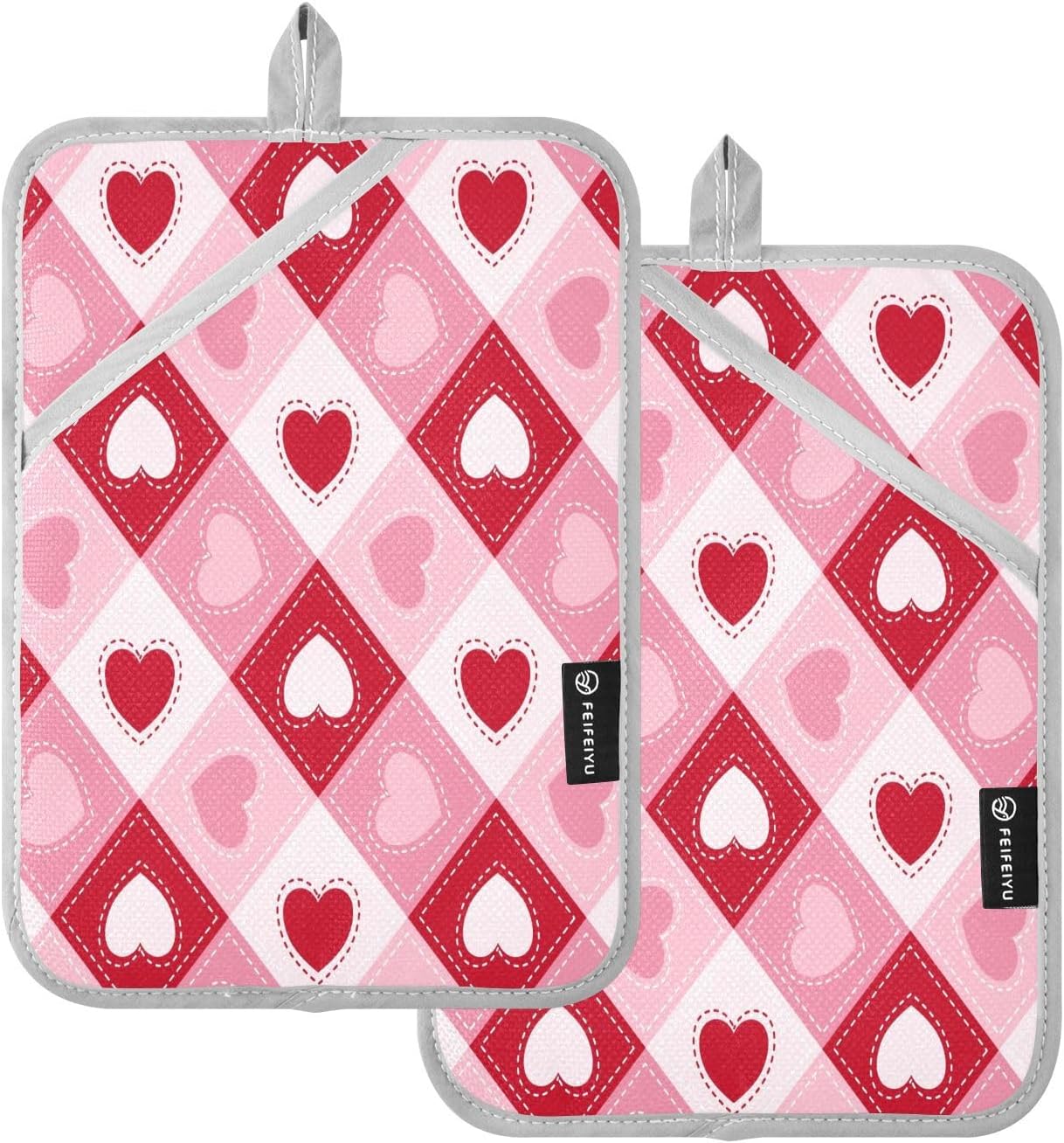 KCLDeci Hearts Plaid Heat Resistant Potholders Oven Mitts for Daily Use