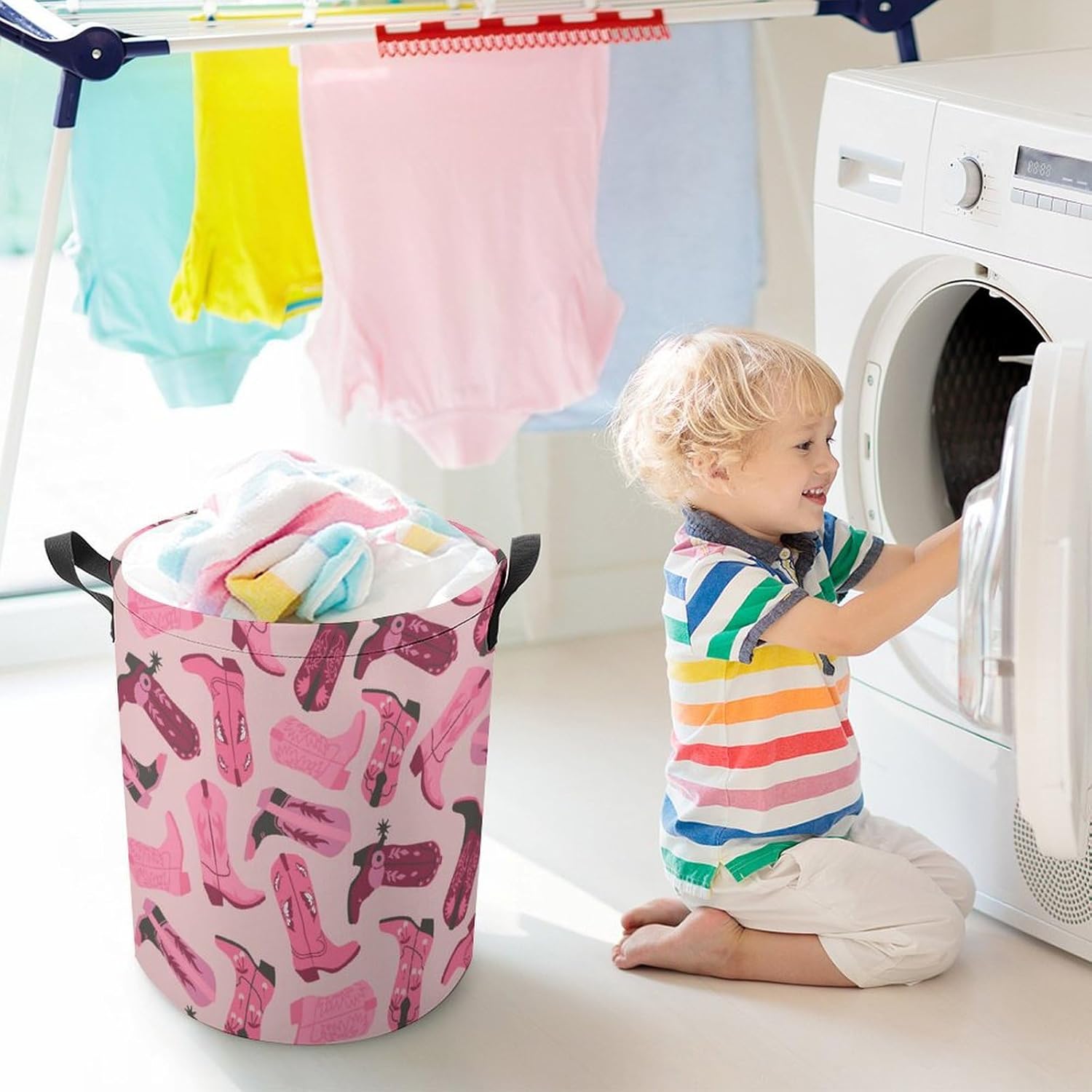 Trendy Pink Laundry Hamper with Drawstring Collapsible Design
