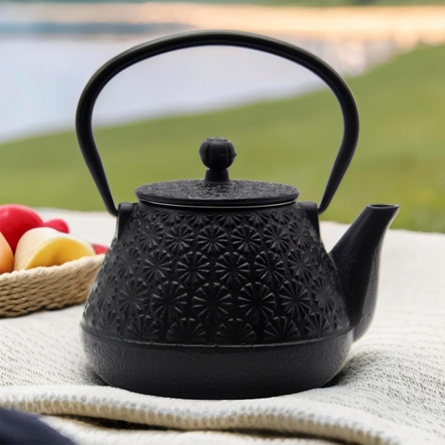 203oz Small Cast Iron Tea Kettle Sechudo Black Gerbera Pattern