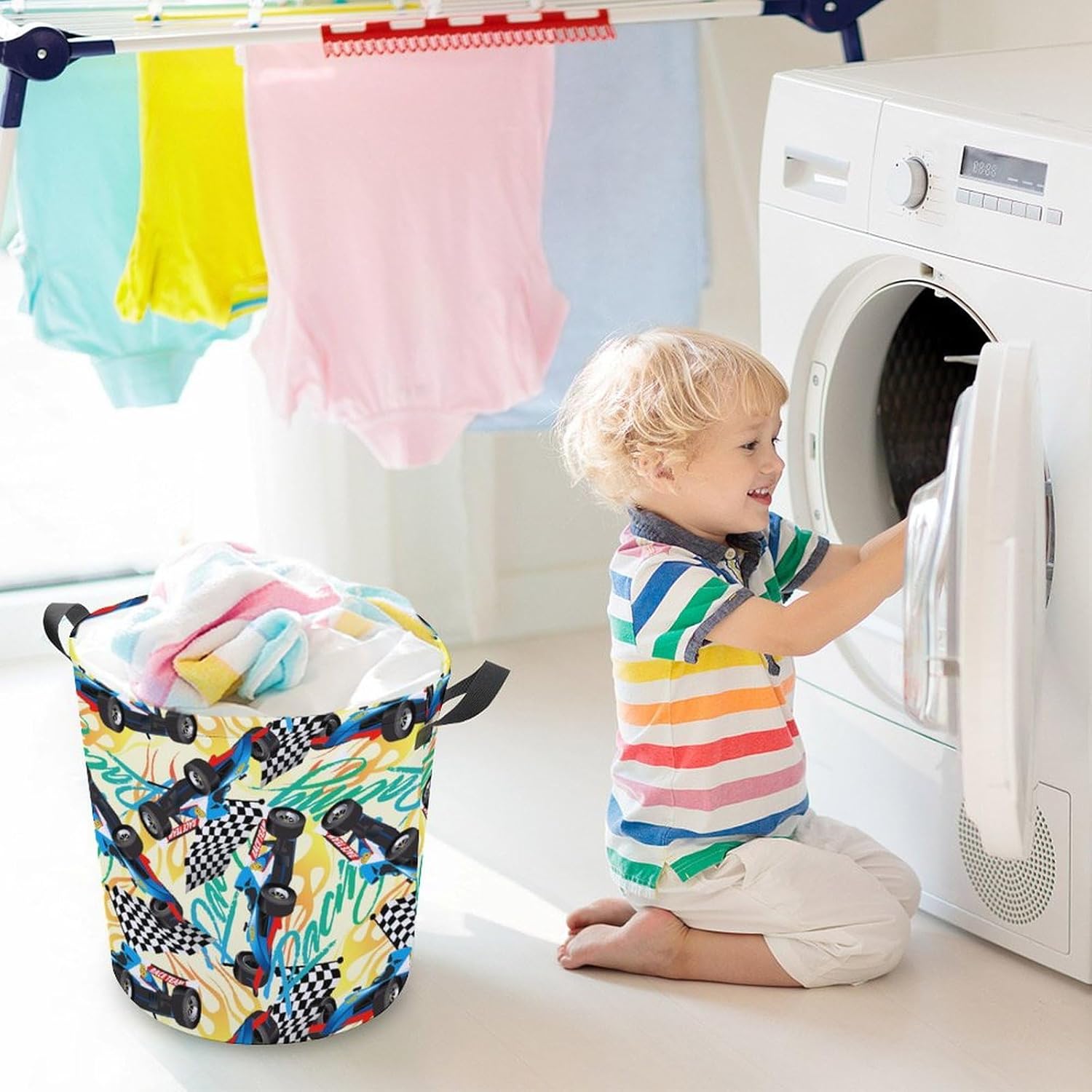 Racing Checkered Flag Waterproof Laundry Hamper Basket - Easy Carry Portable Storage