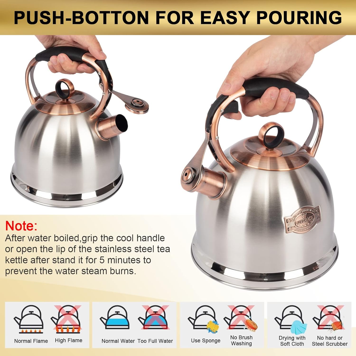 Lux Grace stainless steel whistle tea kettle