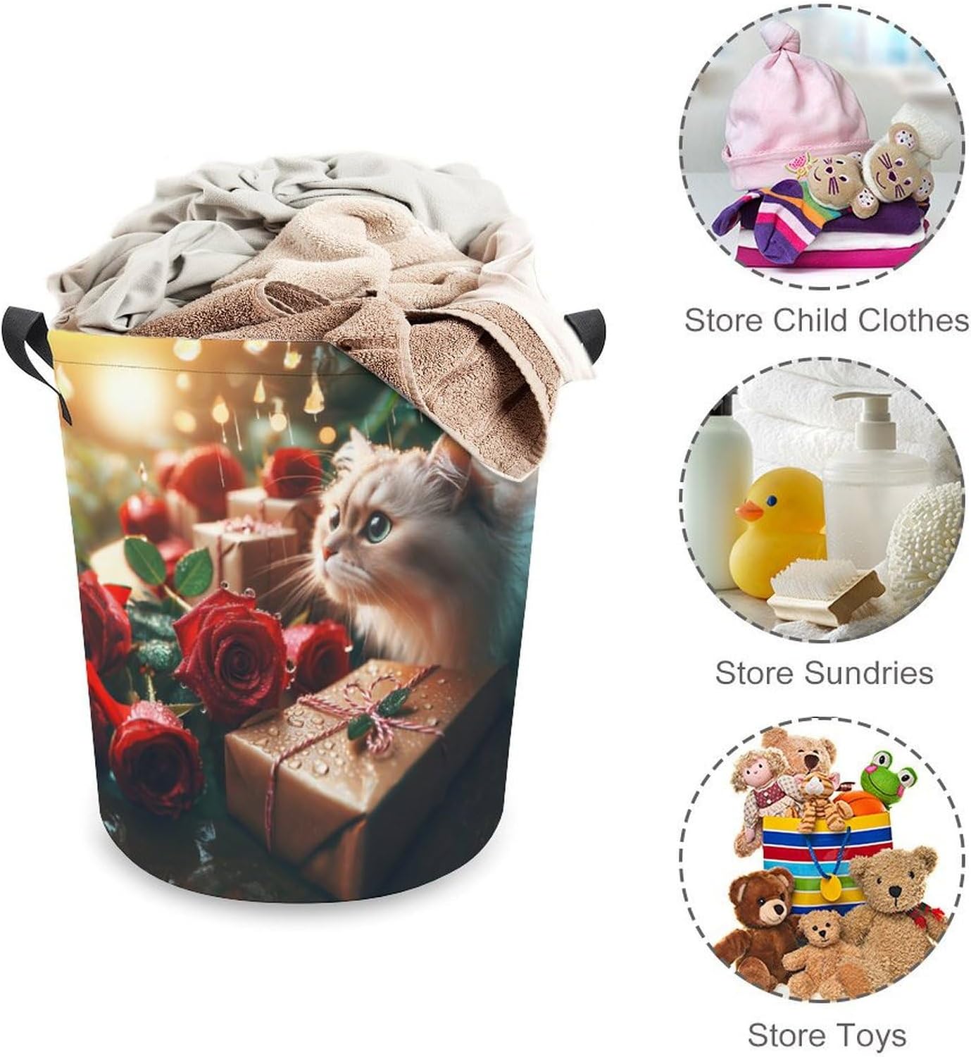 Waterproof and Cute Rose Raindrops Kittens Laundry Hamper with Easy Carry Handles