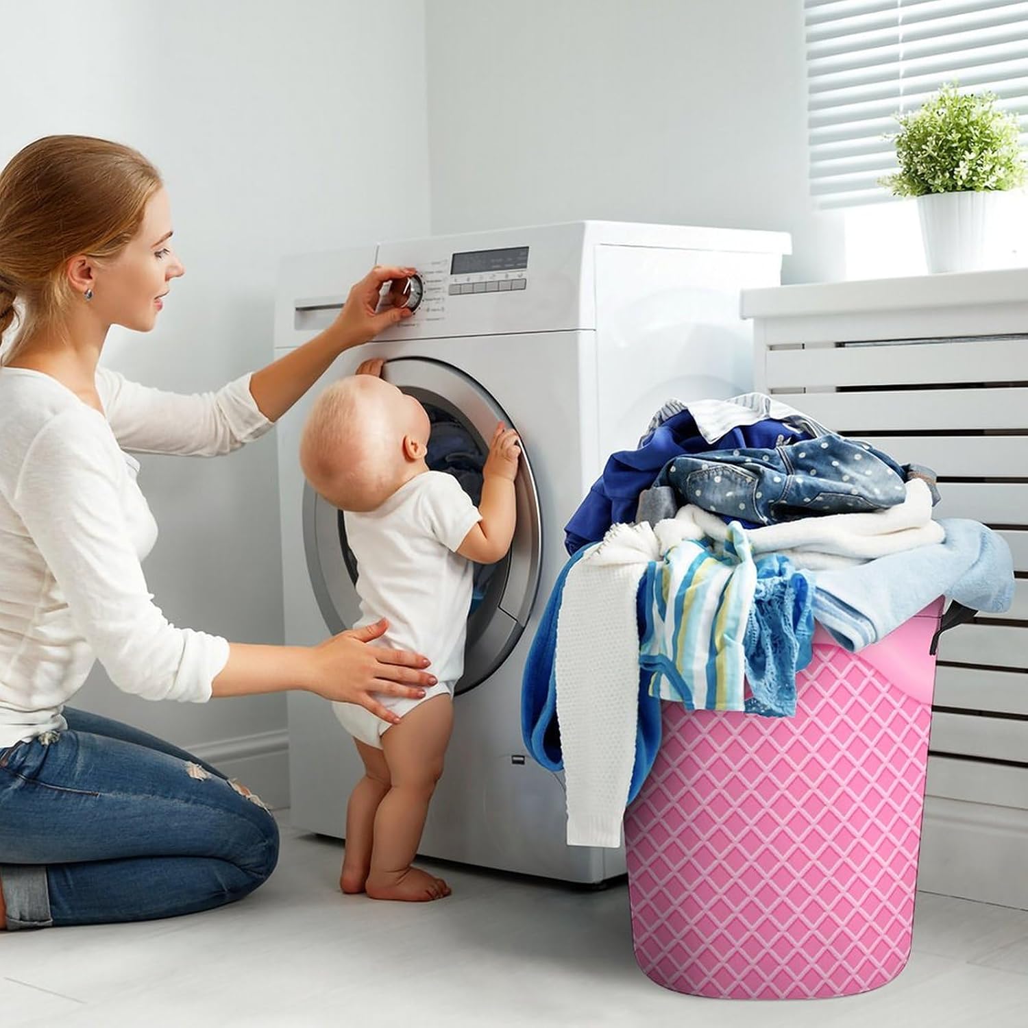 Pink Flowing Ice Cream Washable Laundry Hamper with Handles for Easy Access
